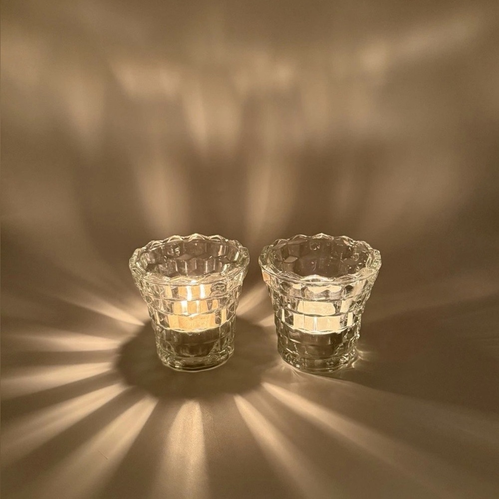 Set Of 2 Indiana Glass Votive Tea Light Candle Holders Vintage Clear Cubist